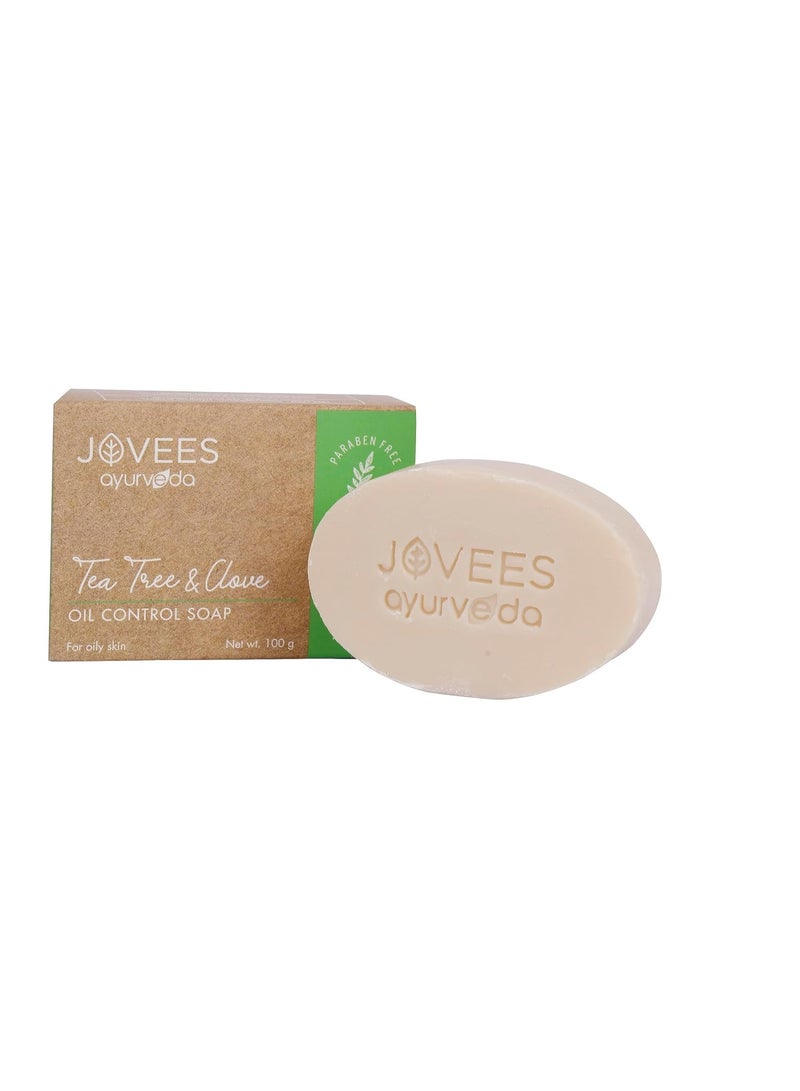 JOVEES AYURVEDA صابون جوفيز العشبي للتحكم في إفرازات الزيت بخلاصة شجرة الشاي والقرنفل، 100 جرام (عبوة من قطعتين) - Image 3
